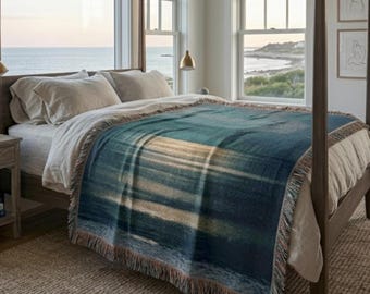 Woven Jacquard Sofa Throw | Indigo Teal Gold Ocean Horizon Art | The Meridian — Saltwater & Gold