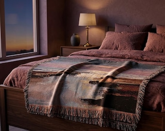 Luxury Woven Throw Blanket | Mauve Rose Abstract Art Bedroom Throw | Last Light at Low Tide — Saltwater & Gold