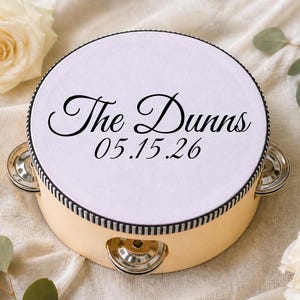 Custom wedding tambourine, personalized names and date, ceremony exit bells alternative