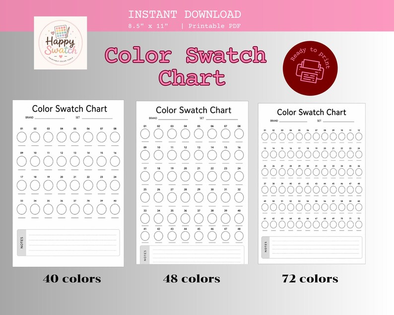 Color Swatch Chart Printable PDF, 40 48 72 Colors Chart Bundle, Paint ...