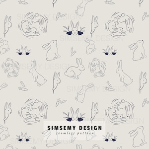 May include: A seamless pattern featuring dark blue line art illustrations of rabbits in various poses, including sitting, jumping, and peeking, interspersed with small carrots on a light grey background. The text SIMSEMY DESIGN is visible.