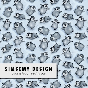May include: Seamless pattern featuring watercolor illustrations of gray penguins on a light blue background. The penguins are in various poses, some standing, some lying down, and some in pairs. The text "SIMSEMY DESIGN seamless pattern" is at the bottom.