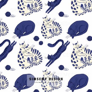 May include: A seamless pattern on a white background featuring illustrations of cats in various poses, including sleeping solid dark blue cats, pairs of cream-colored cats with blue spots and stripes, and dark blue yarn balls. Text reads SIMSEMY DESIGN.