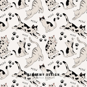 Black and White Cat Seamless Pattern, Minimalist Animal Fabric Design (Digital Download)