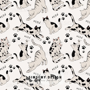 Black and White Cat Seamless Pattern, Minimalist Animal Fabric Design (Digital Download)