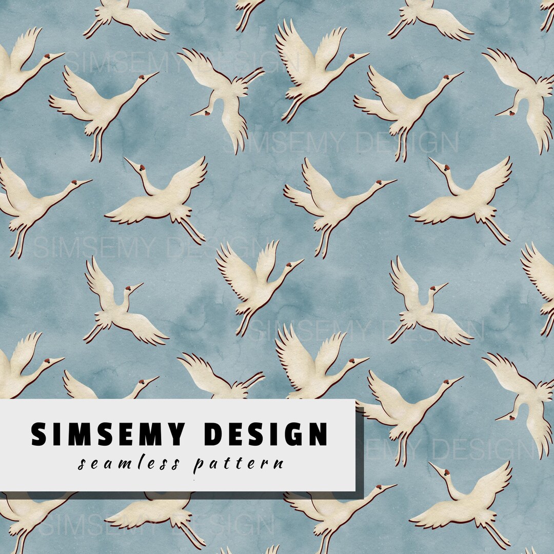 Flying Crane Seamless Pattern, Japanese Style Bird Textile Design ...