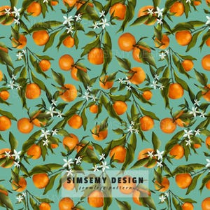 May include: A seamless pattern featuring orange citrus fruits, dark green leaves, and small white blossoms on a light teal background. The text SIMSEMY DESIGN seamless pattern is visible in the lower center of the repeating graphic design.
