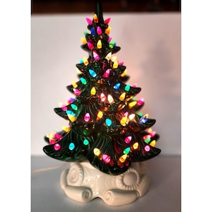 Vintage 70s 2pc Atlantic Mold Ceramic Lighted Christmas Tree w/ Scroll Base 17"