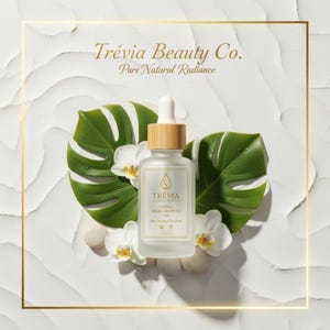 以下が含まれることがあります： Trévia Herbal Hair Growth Oilのボトル。木製のキャップとドロッパーが付いており、緑の葉、白い蘭、小さな石を背景に配置されています。「Trévia Beauty Co.」と「Pure Natural Radiance」の文字が上部にあります。