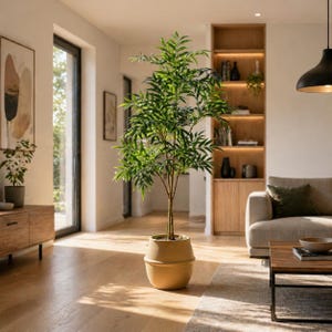 May include: A tall, artificial tree with vibrant green leaves in a beige pot. The tree stands in a well-lit living room with wooden floors, a sofa, and a wooden cabinet. The pot is approximately 24 inches tall.