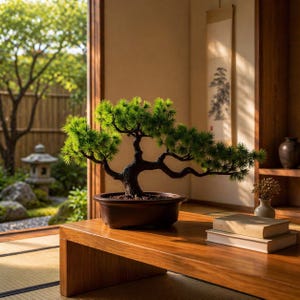 Könnte beinhalten: Ein akkurat geformter Bonsai-Baum mit leuchtend grünen Blättern und einem dunklen, strukturierten Stamm, in einem braunen Keramiktopf. Der Baum steht auf einem Holztisch, mit Büchern und einer kleinen Vase, was ein ruhiges, natürliches Thema suggeriert.