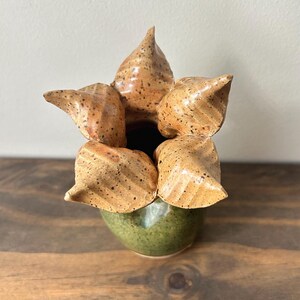 May include: A ceramic vase with a green base and a top shaped like a five-pointed star or flower. The upper section is a speckled tan color with a textured surface, while the lower body is a solid, mottled green with a smooth, glossy finish.