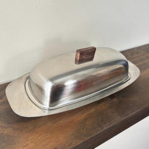 Vintage Atomic Style Mid Century Modern Stainless Steel Butter Dish with Wood Knob, Covered Japan Metal with Crystal Insert