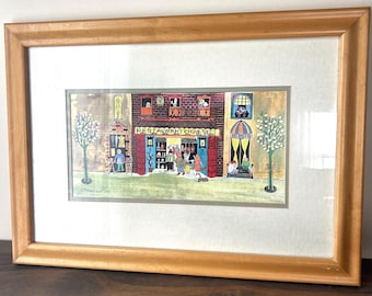 Vintage Clement 1991 Folk Art Lithograph – Whimsical Chinese Restaurant Scene, Solid Wood Frame