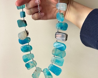 Lucas Lameth Blue Agate Slice Necklace, Signed Boho Statement Jewelry, Teal Gemstone Bib