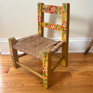 Vintage Hand-Painted Mexican Folk Art Child's Chair – Yellow Floral Wooden Accent