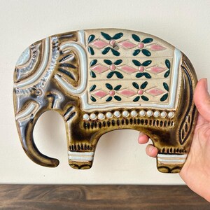 Vintage Ceramic Elephant Trivet | Boho Studio Pottery Wall Hanging, Pink Green Floral Relief