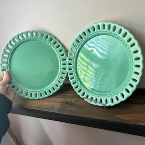 Vintage Cardinal Inc "Antique Lace" Lattice Edge Plates Set of 2 - Jade Green Openwork Reticulated Edge - Cottagecore MCM Decor Pottery