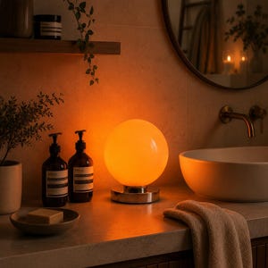 Puede incluir: Interior de baño con una lámpara esférica que emite un brillo cálido. Dos botellas marrones con etiquetas blancas y un jabonera están en la encimera. También hay una toalla beige y un lavabo blanco, creando un ambiente relajante.