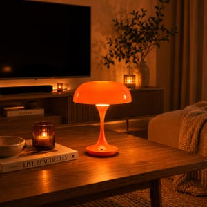 Puede incluir: Una lámpara de mesa de color naranja brillante con forma de seta, acabado liso y brillante, y una pantalla de cúpula ancha y redondeada. La lámpara presenta un tallo fino y cónico que se ensancha en la base, emitiendo una luz cálida.
