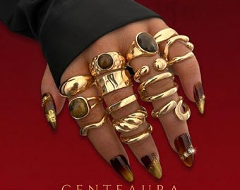 Conjunto de 15 anillos de monedas estilo boho vintage: anillos apilables de ojo de tigre marrón y rayos de sol. Elegante conjunto de joyería geométrica asimétrica. Regalo para mujer.