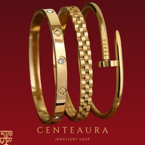 Conjunto de pulseras de acero inoxidable chapadas en oro de 18 quilates - Brazaletes multielemento con diseño de trébol de cuatro hojas y engranaje - Joyería de lujo que no se decolora - Regalo para el Día de la Madre