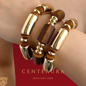 LADYCOCO Juego de 3 pulseras retro marrones con cuentas - Brazaletes llamativos de múltiples capas en tonos dorados y madera - Joyería gruesa apilable para mujer
