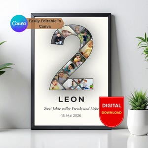 Può includere: Un poster incorniciato che presenta un grande numero due composto da diversi piccoli collage fotografici quadrati di un bambino. Sotto il numero, il nome LEON è stampato in lettere maiuscole nere, seguito dal testo Zwei Jahre voller Freude und Liebe e la data 15. Mai 2026.