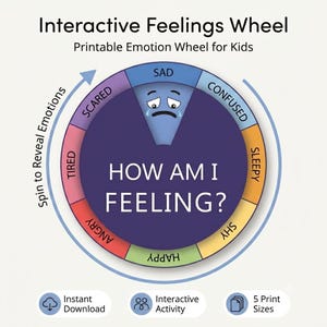 Op de afbeelding: Een interactief gevoelenswiel met de tekst 'HOW AM I FEELING?' in het midden. De cirkelvormige grafiek bevat segmenten met de labels 'SAD', 'CONFUSED', 'SLEEPY', 'SHY', 'HAPPY', 'ANGRY', 'TIRED' en 'SCARED'. Een blauw verdrietig gezichtje is zichtbaar.