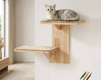 Solid Wood 2-Tier Cat Wall Shelves with Sisal Scratcher – Modern Cat Furniture