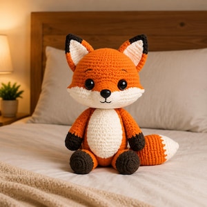 Può includere: Un peluche a forma di volpe realizzato all'uncinetto in arancione, bianco e nero. La volpe ha grandi occhi neri, un petto bianco e una coda soffice. È seduto su un letto con una coperta dai colori neutri.