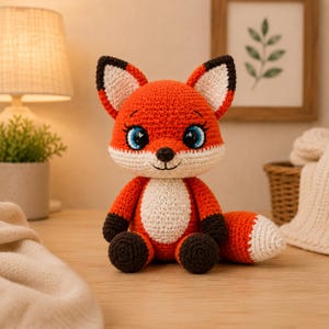 Könnte beinhalten: Ein handgefertigtes Häkel-Fuchs-Stofftier aus leuchtend orangefarbenem Garn mit weißer Brust und Schnauze, dunkelbraunen Pfoten und großen blauen Augen. Der Fuchs hat spitze Ohren mit weißen Innendetails und einen buschigen Schwanz mit weißer Spitze.