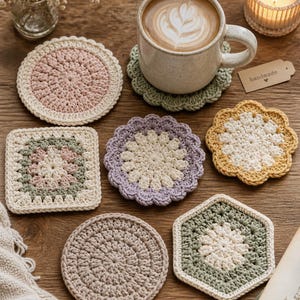 May include: A collection of handmade crochet coasters in various shapes and colors, including round, square, and hexagonal designs. The coasters are in shades of pink, green, beige, and yellow, with a cup of coffee on one. A small tag reads "handmade".