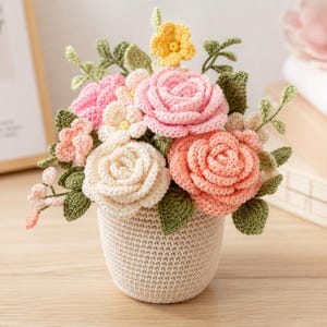 Patrón de ramo de flores a crochet / Rosas, peonías, jarrón (patrón en PDF)
