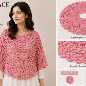 Round Lace Shawl Crochet Pattern PDF, Circular Lace Wrap Tutorial, Elegant Pink Poncho Pattern, Women's Crochet Capelet,