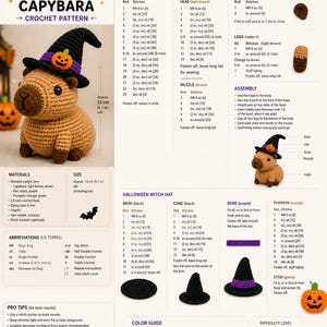 Może przedstawiać: Wzór na szydełko dla kapibary na Halloween, z jasnobrązowym korpusem, czarnym kapeluszem czarownicy z fioletową opaską i pomarańczową dynią oraz brązowymi nogami. Gotowa kapibara ma około 13 cm wysokości.