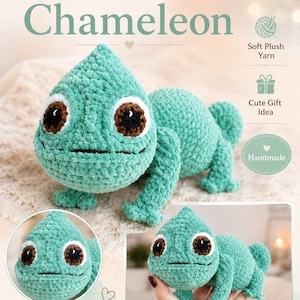 May include: Handmade crochet chameleon in shades of teal, with brown and white eyes. The plush toy is made with soft yarn and features a detailed design. The image includes the text "Handmade Crochet Chameleon", "Soft Plush Yarn", and "Cute Gift Idea".