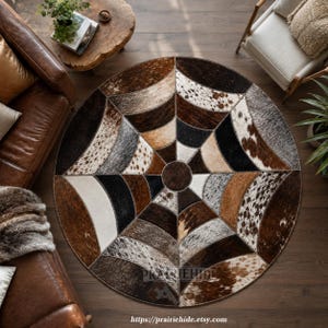 Round Cowhide Leather Patchwork Rug – Spiderweb Design Hair-On Hide Carpet, Handmade Western Floor Decor