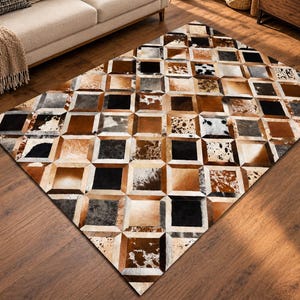Alfombra de patchwork de piel de vaca natural – Diseño de diamante 3D, pasillo rectangular cuadrado