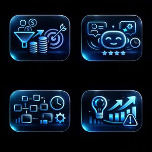 May include: Four blue-toned, glowing icons on a black background. The icons depict concepts such as financial growth, customer service, workflow, and business insights. Each icon is enclosed in a rounded square.