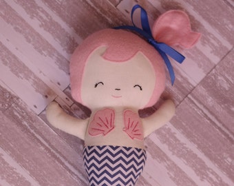Mermaid Doll - Fabric Doll - Handmade Doll - Children Gift - Mermaid - Girls Decor - Nursery Decor - Rag Doll - Blue - Hand Embroidery