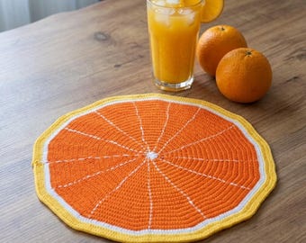 Orange gehäkelte Tischset Handarbeit, Zitrusfrucht Untersetzer, Sommer Tisch Dekor, Boho Küche Dekor, ästhetisches Haus Tischset