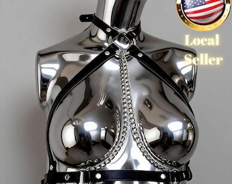 Leather Harness With Silver Chain Detail Adjustable Underbust Chest Straps Bondage Style Body Accessory For Dark Gothic Festival Outfit