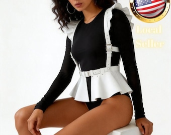 Body Harness White Vegan Leather Peplum Waist Cincher Ruffled Shoulder Straps Adjustable Buckle Suspenders Festival Rave Accessory