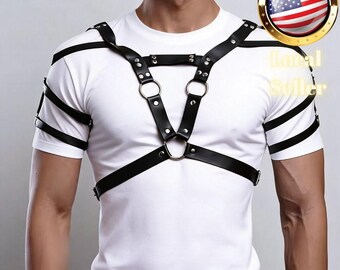 Leather Harness Mens Adjustable Chest Straps Faux Leather Upper Body Accessory Metal Ring Bondage Style Gothic Rave Festival Outfit