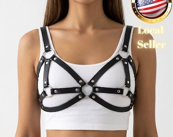 Body Harness Black Faux Leather Underbust Caged Straps With Silver O-Ring Hardware Festival Wear Rave Outfit Gothic Aesthetic Gift For Her