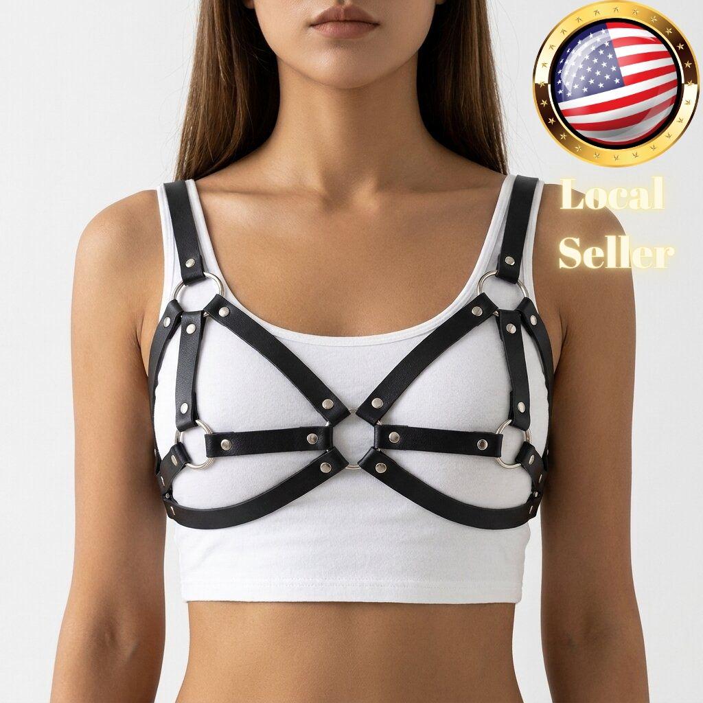 Body Harness Black Faux Leather Underbust Caged Straps With 