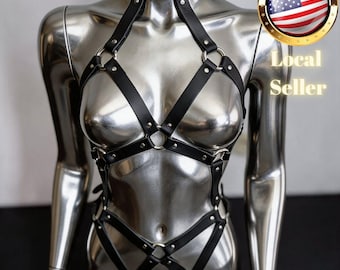 Body Harness With Adjustable Faux Leather Straps And Silver Metal Hardware Full Caged Lingerie Set For Gothic Style Or Festival Outfit