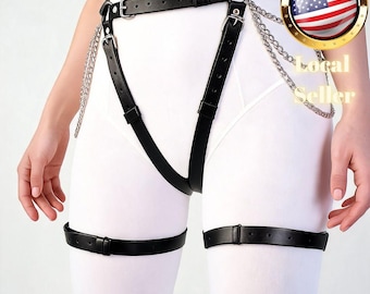 Thigh Harness Faux Leather Waist Straps With Silver Chain Metal Hardware Adjustable Leg Garters Bondage Style Festival Rave Body Accessory