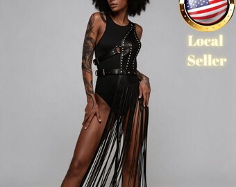 Body Harness Black Studded Bodysuit with Long Fringe Skirt Festival Rave Wear Faux Leather Strappy Chest Accessory for Women Gothic Style